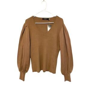 Lauren Ralph Lauren Blouson Sleeve V-neck Ribbed Sweater Honey Tan Fitted 3X
